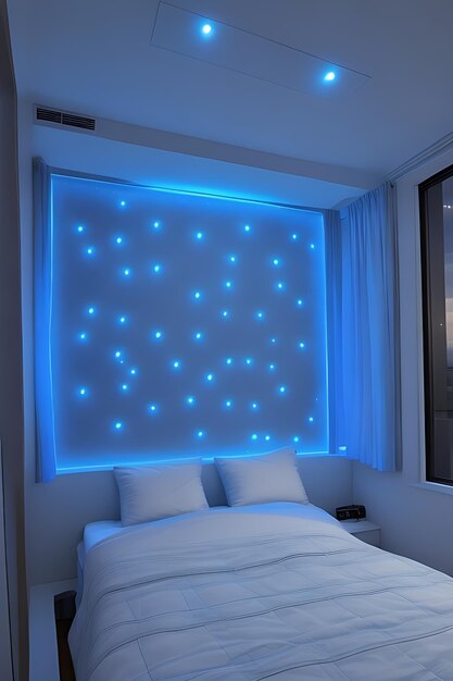 Foto quarto frio com luzes led azuis à noite com uma grande janela e uma grande cama nele