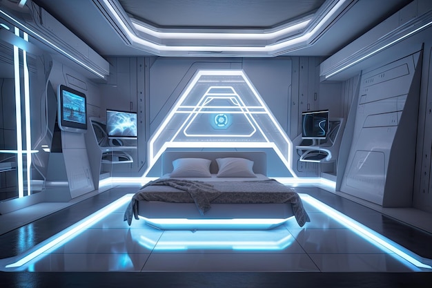 Foto quarto futurista com design minimalista elegante e projeções holográficas do céu estrelado