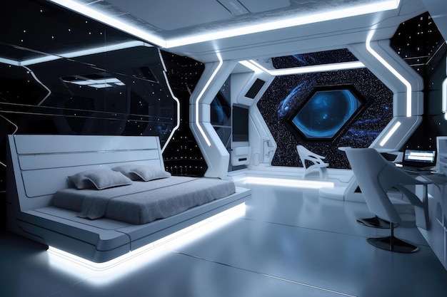 Quarto futurista com móveis elegantes e futuristas flutuando em um fundo estrelado