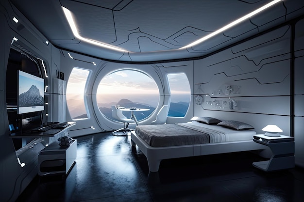 Quarto futurista com vista deslumbrante das estrelas e do espaço à noite