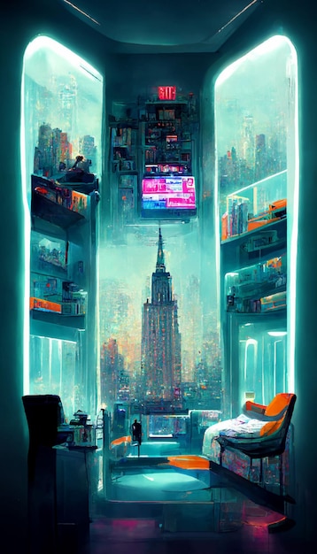 quarto futurista na ilustração distópica cyberpunk de Nova York. ilustração para papel de parede