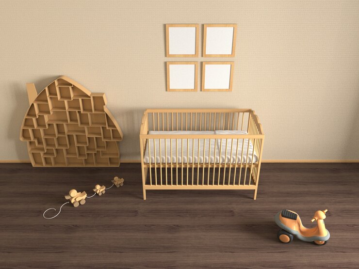 Foto quarto infantil com berço de madeira, brinquedos e prateleiras