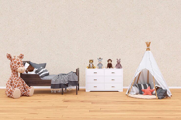 Foto quarto infantil com bichos de pelúcia e ilustração renderizada em 3d de tenda