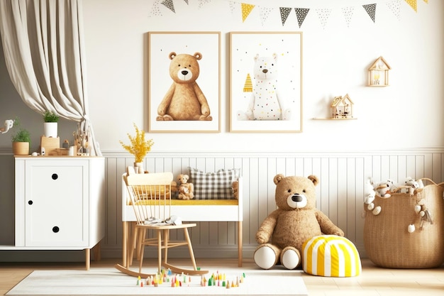 Quarto infantil com guarnição de parede de madeira clara e urso de brinquedo
