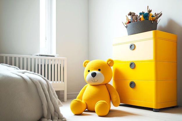 Quarto infantil com interior moderno e grande caixa de brinquedos amarela isolada em branco