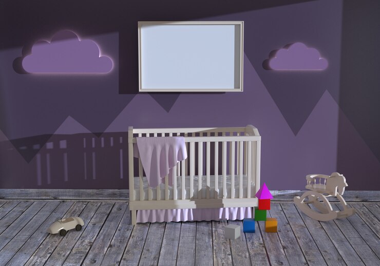 Foto quarto infantil com um berço e uma moldura vazia