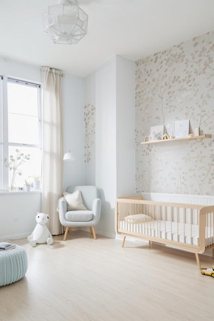 Quarto infantil minimalista com parede bege