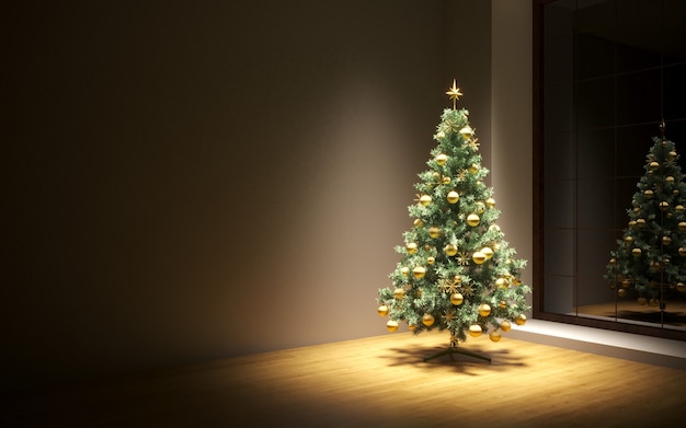 Quarto interior do conceito de Natal árvore de Natal interior do quarto branco com piso de madeira