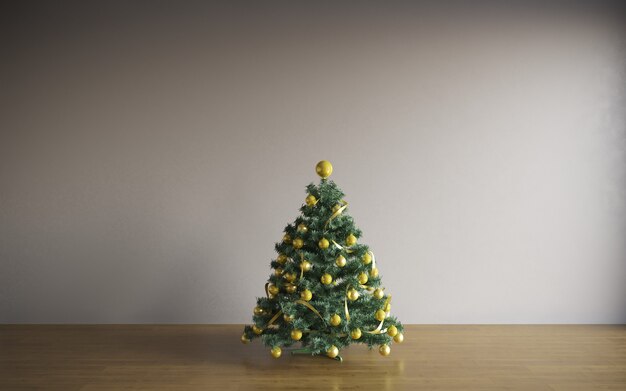 Quarto interior do conceito de Natal árvore de Natal interior do quarto branco com piso de madeira