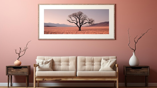 Quarto interior minimalista com sofá, mesa, vaso de flores e grande moldura para fotos, vista de árvores e deserto