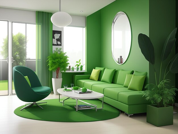 Quarto interior moderno 3d com cor verde