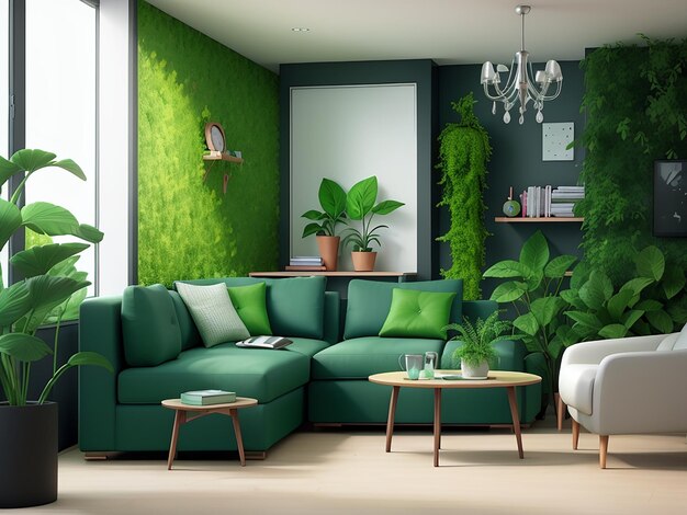quarto interior moderno 3d com plantas verdes