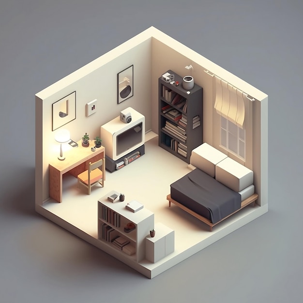 Quarto isométrico com renderização 3D