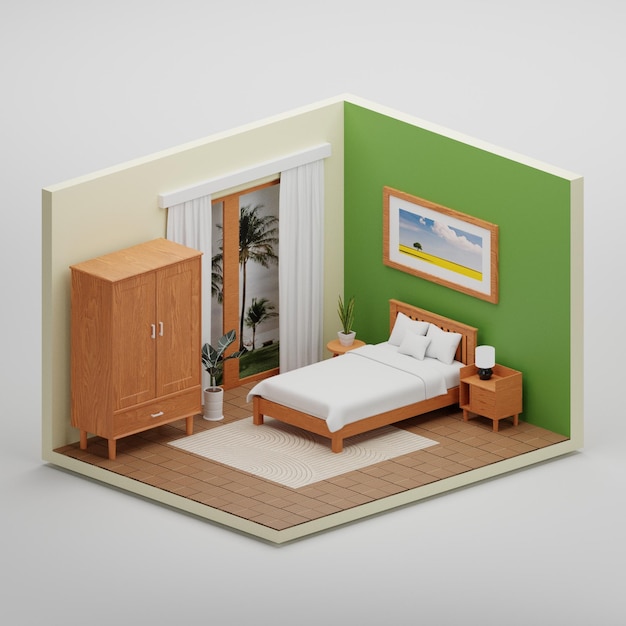 Foto quarto isométrico renderização 3d com estilo design minimalista