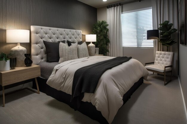 Quarto luxuoso com roupa de cama macia e decoração elegante