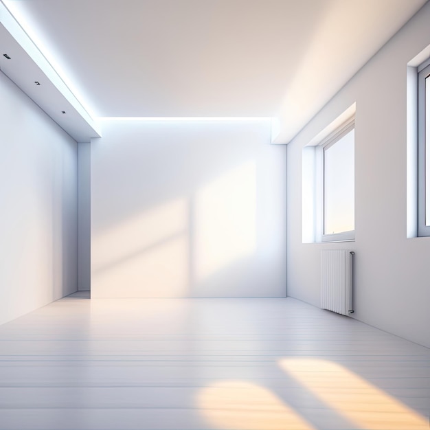 Quarto minimalista branco com paredes vazias e luz solar entrando pelas janelas