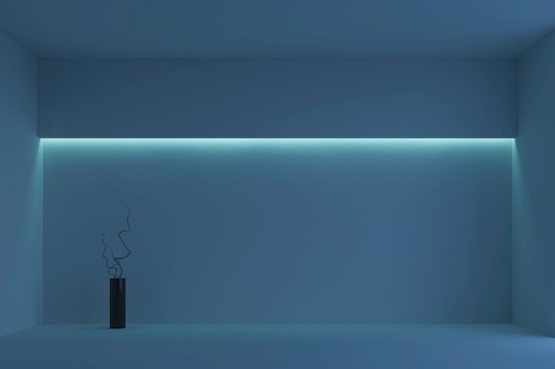 Quarto minimalista branco vazio com luz de fundo azul. Renderização em 3d