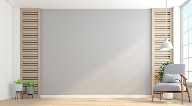 Quarto minimalista vazio com poltrona e parede cinza renderização em 3d