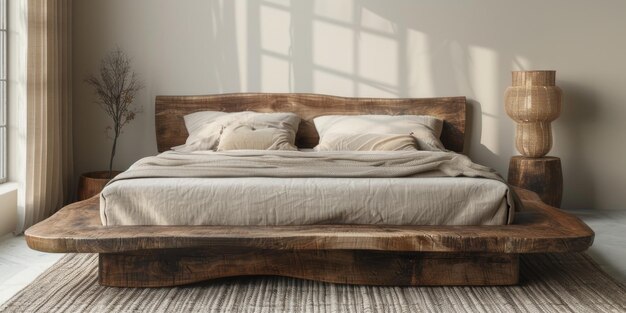 quarto moderno brilhante e aconchegante com cama grande de madeira suavizando a luz da manhã com decoração moderna