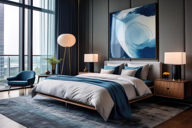 Quarto moderno com cama de almofada com lençóis de linho azul