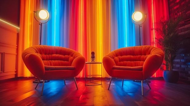 Quarto moderno com iluminação de luz violeta e vermelha Cadeiras de couro com travesseiros e lâmpadas de mesa renderização 3D
