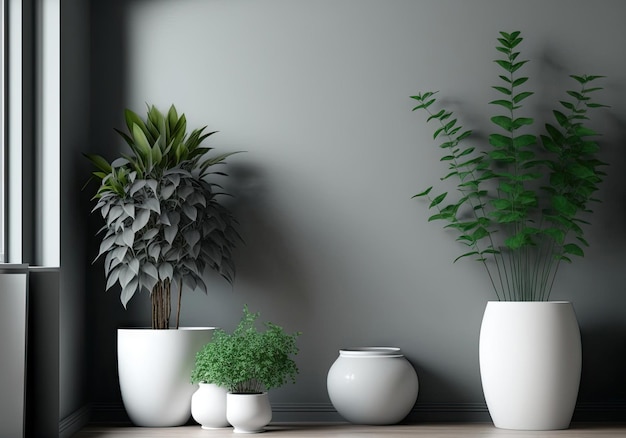 Quarto moderno com parede cinza e plantas em vasos brancos design de interiores ilustração 3D