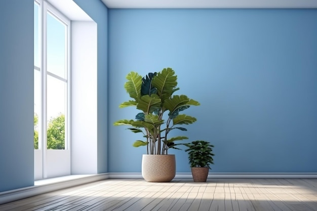 Quarto moderno com piso de madeira e vasos de plantas de parede azul ao lado de uma grande janela Generative AI