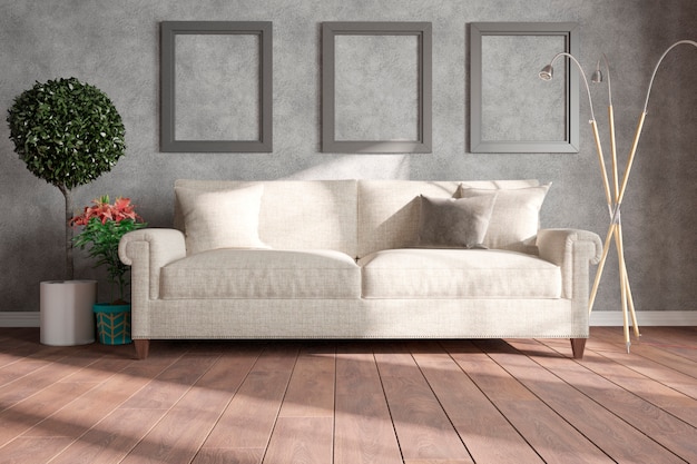 Quarto moderno com sofá, almofadas, abajur, molduras e plantas