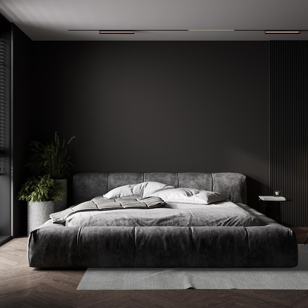 Quarto moderno de luxo contemporâneo preto escuro com planta e um tapete moderno 3d render