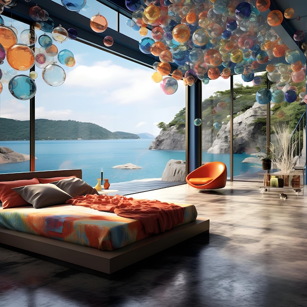 Quarto moderno e luxuoso através da janela panorâmica para o quarto resort de luxo com vista para o mar