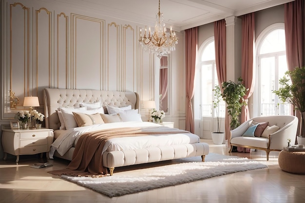 Quarto moderno luxuoso com roupa de cama confortável e decoração elegante