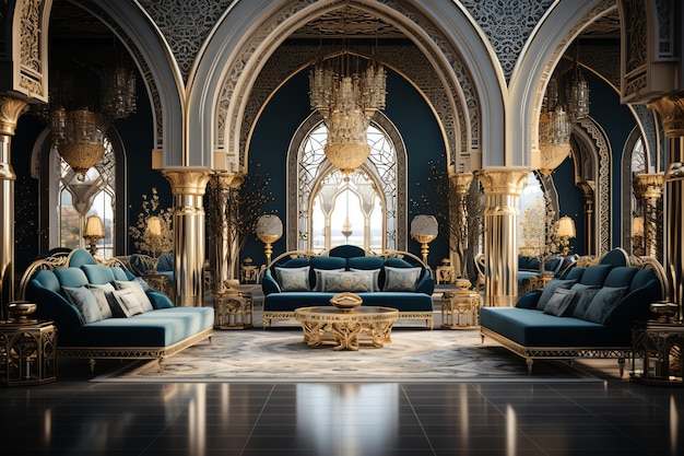 Quarto muito luxuoso e amplo com paredes decoradas com mosaico marroquino Quarto em estilo islâmico tradicional