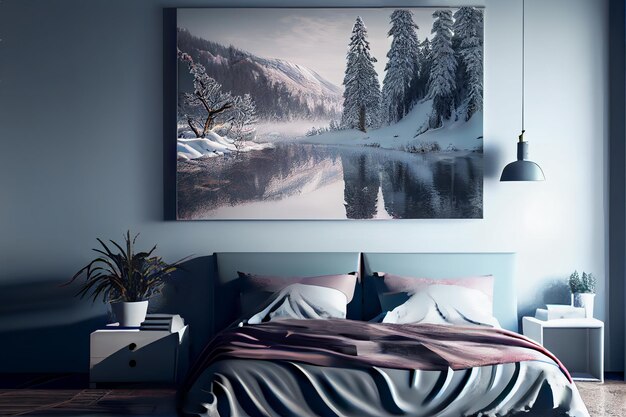 quarto na moda interior 3d moderno pela manhã tons frios e bluegray ai gerado