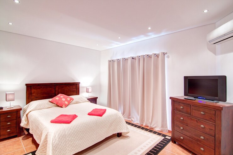 Foto quarto para duas pessoas com tv. na decoração.