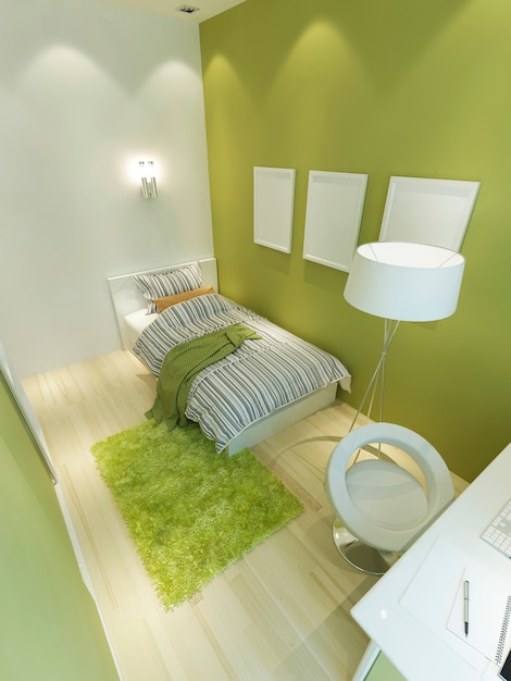 Quarto para um adolescente em estilo moderno em tons claros de verde e branco. Uma cama, um abajur e um local de trabalho para um adolescente. 3D render.