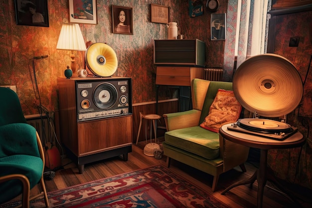 Quarto retrô com discos coloridos de toca-discos vintage e poltrona aconchegante