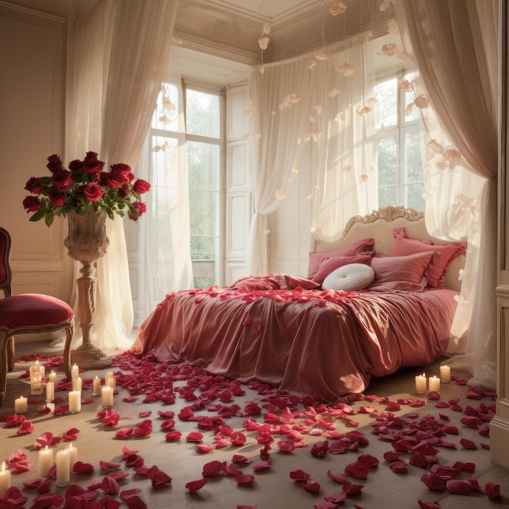 Foto quarto romântico com pétalas de rosa