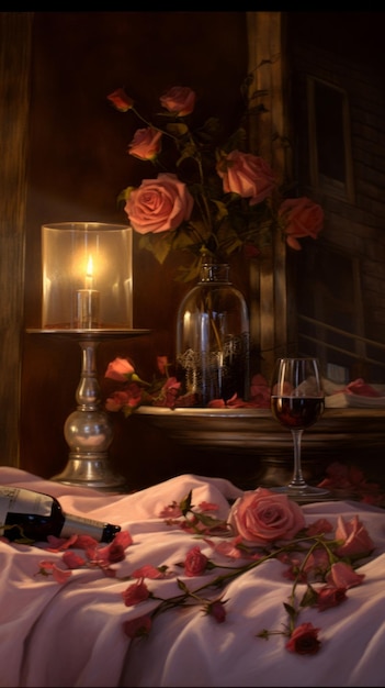 Quarto romântico com velas e pétalas de rosa