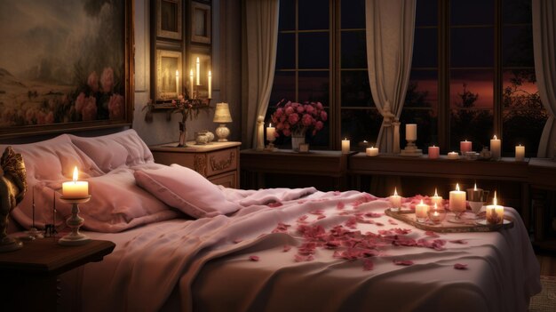 Quarto romântico com velas e pétalas de rosa