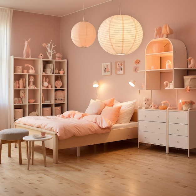 Quarto rosa com cama