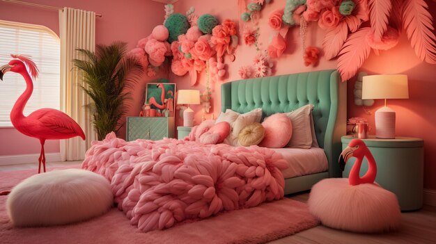 Quarto rosa com flamingo rosa