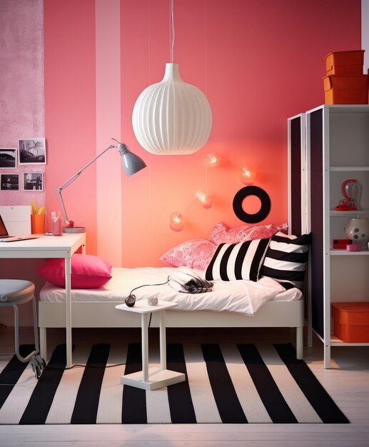 Quarto rosa com listras pretas e brancas