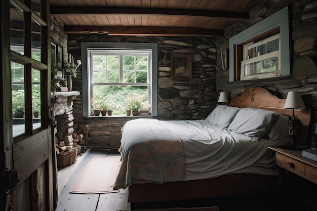 Quarto rústico e rústico com roupa de cama branca e piso de ardósia