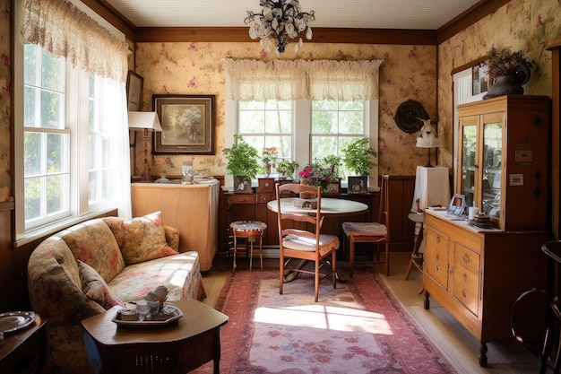 Quarto rústico em estilo chalé com móveis de madeira e detalhes florais