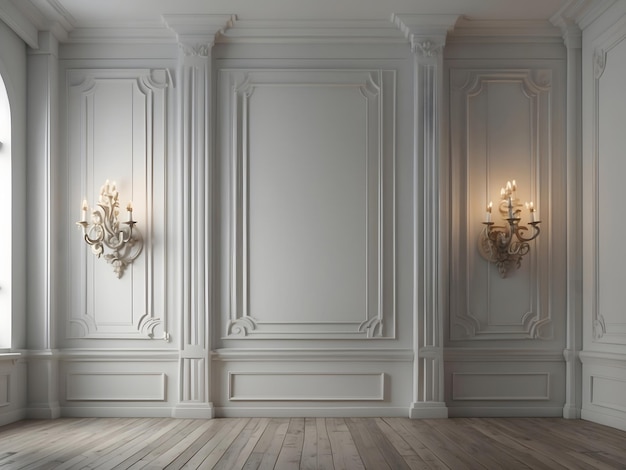 Quarto vazio branco com molduras de estuque e sconces Estilo interior clássico