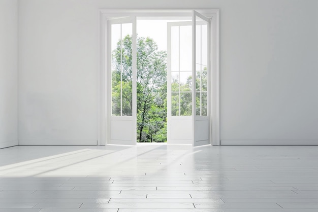 Quarto vazio branco moderno com porta deslizante aberta para o terraço com vista para a natureza