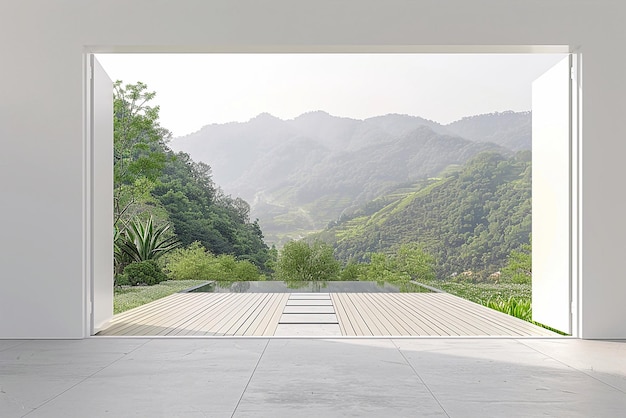 Foto quarto vazio branco moderno com porta deslizante aberta para o terraço com vista para a natureza