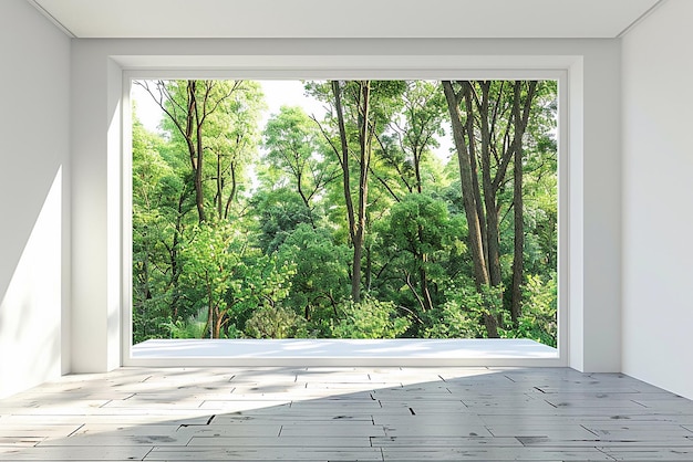 Quarto vazio branco moderno com porta deslizante aberta para o terraço com vista para a natureza