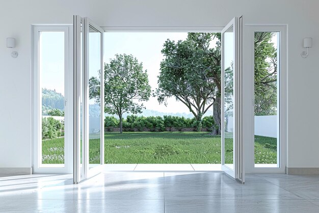 Foto quarto vazio branco moderno com porta deslizante aberta para o terraço com vista para a natureza