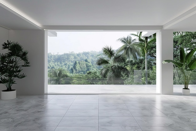 Quarto vazio branco moderno com porta deslizante aberta para o terraço com vista para a natureza